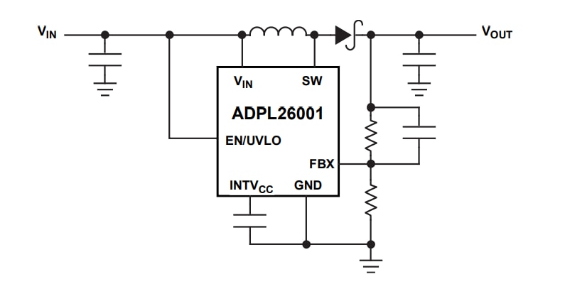 Schema di circuito di applicazione - Analog Devices Inc. Convertitore di inversione ADPL26001